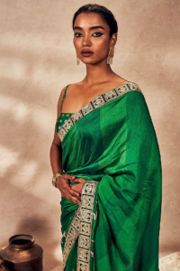 Green Raw Silk Foil Embellished Saree Set - Image 2