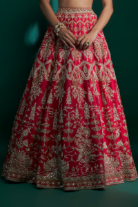 Red Raw Silk Zari Hand & Machine Embroidered Lehenga Set - Image 3
