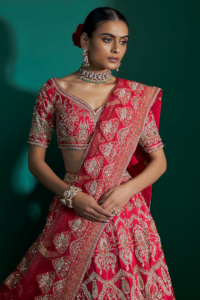 Red Raw Silk Zari Hand & Machine Embroidered Lehenga Set - Image 4