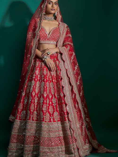 Red Raw Silk Zari Hand & Machine Embroidered Lehenga Set