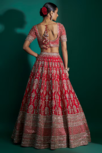Red Raw Silk Zari Hand & Machine Embroidered Lehenga Set - Image 2