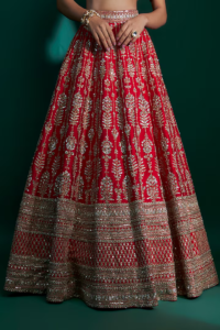 Red Raw Silk Zari Hand & Machine Embroidered Lehenga Set - Image 3