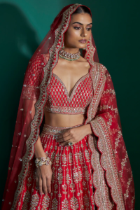 Red Raw Silk Zari Hand & Machine Embroidered Lehenga Set - Image 4