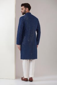 Blue Sequin Embroidered Silk Kurta - Image 3