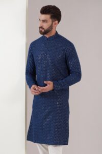 Blue Sequin Embroidered Silk Kurta - Image 4